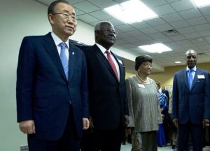 From left to right-Ban Ki moon-UN Secretary General, President Ernest Bai Koroma, President Ellen Johnson-Sirleaf and President Alph Conde