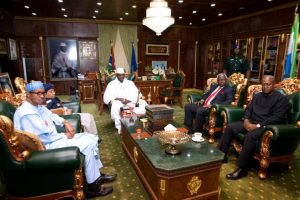 Gambian President Yahya Jammeh meets with with the West Africa head of delegation during the election crisis mediation at the presidential palace Banjul, Gambia December 13, 2016 REUTERS/Stringer/File Photo